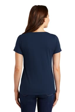 A navy blue women's scoop neck tee made from cotton and polyester, featuring a logo on the back.