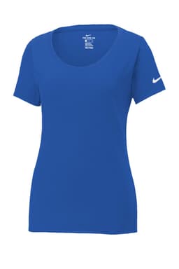 A blue Nike ladies Dri-FIT cotton/poly scoop neck tee with short sleeves and a logo on the sleeve.