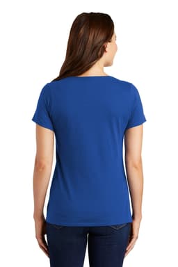 A blue scoop neck tee for ladies with short sleeves and a fitted design, featuring a logo.