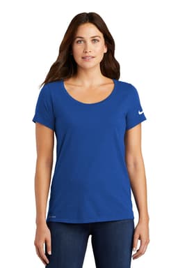 A blue Nike ladies Dri-FIT cotton/poly scoop neck tee with short sleeves and a logo on the sleeve.
