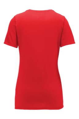 A red Nike Dri-FIT cotton/poly scoop neck tee with short sleeves, featuring a logo.