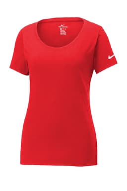 A red scoop neck tee featuring short sleeves and a logo on the sleeve.