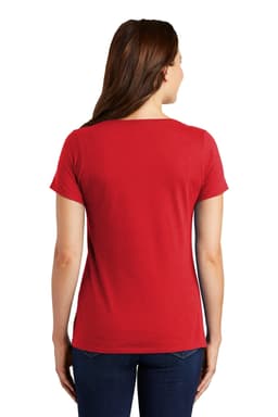 A red scoop neck tee with short sleeves, featuring a branded logo, viewed from the back.