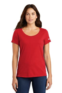 A red Nike ladies' Dri-FIT cotton/poly scoop neck tee, featuring a logo on the sleeve.