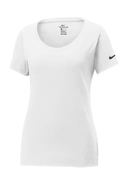A white women's scoop neck T-shirt made from Dri-FIT cotton/polyester blend, featuring a logo on the sleeve.