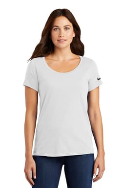 A light grey women's scoop neck tee with short sleeves, featuring a logo on the sleeve.