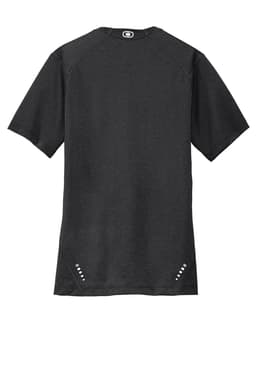 A dark grey t-shirt featuring a crew neck and short sleeves, with a branding logo on the back.
