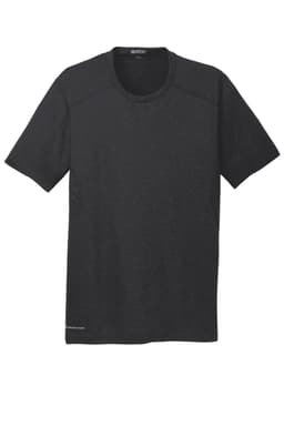 A black crew neck t-shirt made from breathable fabric, featuring a logo on the front.