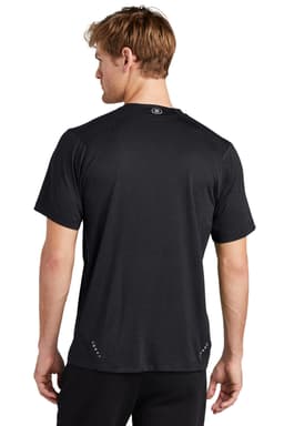 A black crew-neck t-shirt with a logo on the back, featuring short sleeves and a relaxed fit.
