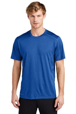 A blue athletic t-shirt featuring short sleeves and a subtle logo on the front.