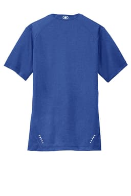 A blue OGIO ENDURANCE Pulse Crew t-shirt with a back view, featuring a logo and decorative details.