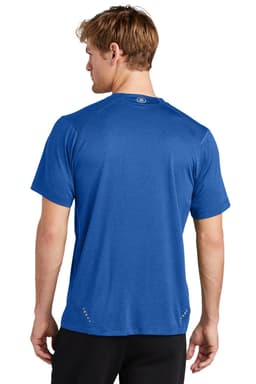 A blue T-shirt with a crew neck and short sleeves, featuring a logo on the back.