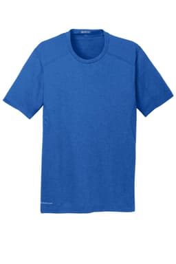 A blue crew neck t-shirt with short sleeves and a logo on the side. Suitable for athletic wear.