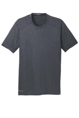 A dark grey crew-neck T-shirt with short sleeves and a logo on the hem.