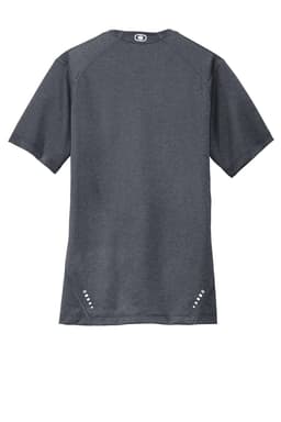 A grey crew t-shirt with short sleeves, featuring a logo and decorative detailing near the hem.