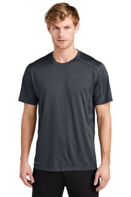 A grey active t-shirt featuring a crew neckline, short sleeves, and a logo on one side.
