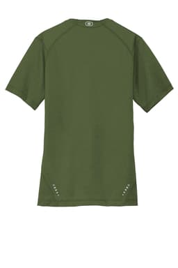 A short-sleeved, olive green t-shirt with a crew neck and a logo on the back. Featuring reflective details near the hem.