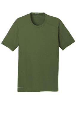 An olive green short-sleeve crew t-shirt with a subtle logo.