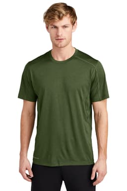 A green crew neck t-shirt, featuring a logo, with short sleeves and a lightweight design.