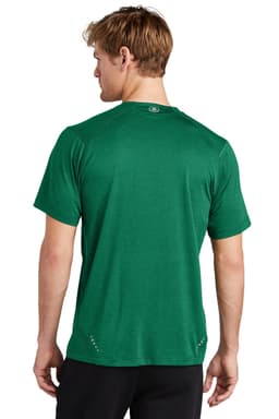 A green t-shirt featuring a logo, viewed from the back, with short sleeves and a casual fit.