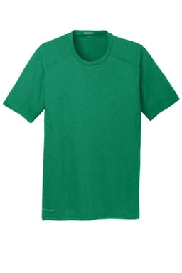 A green crew neck t-shirt made of breathable fabric, featuring a subtle logo at the bottom.