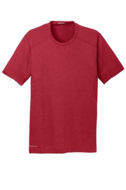 A red crew-neck T-shirt made of fabric with a subtle texture, featuring a logo on the bottom.