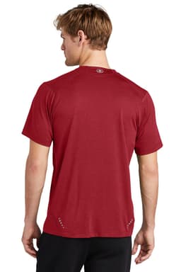 A red crew t-shirt with short sleeves, featuring a logo, shown from the back.