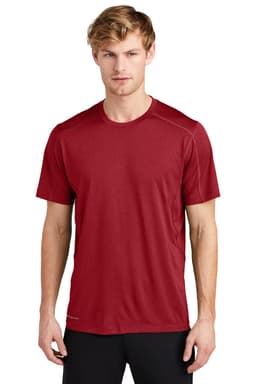 A red t-shirt featuring a crew neck design and short sleeves. The shirt has a logo on it.