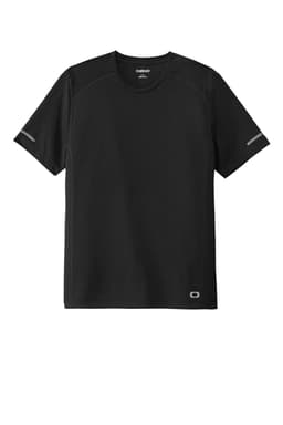 A black mesh tee featuring short sleeves, reflective accents, and a logo. Ideal for activewear.