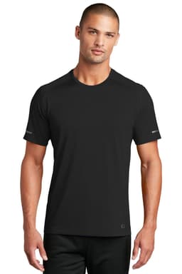 A black OGIO ENDURANCE Level Mesh Tee featuring short sleeves and a logo on the sleeve.