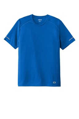 A blue OGIO ENDURANCE Level Mesh Tee with short sleeves and reflective accents. It has a logo on the front.