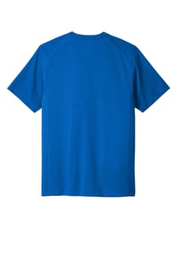 A blue OGIO ENDURANCE Level Mesh Tee with short sleeves and a simple back design. It has a logo on it.