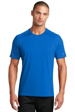 A blue OGIO ENDURANCE Level Mesh Tee for men, featuring short sleeves and a logo on the arm.