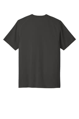 A dark grey t-shirt with short sleeves and a round neckline, featuring a logo on the back.