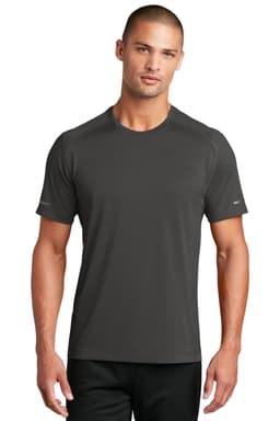 A grey t-shirt is displayed on a male model, featuring a logo on one sleeve. It has a classic fit and short sleeves.