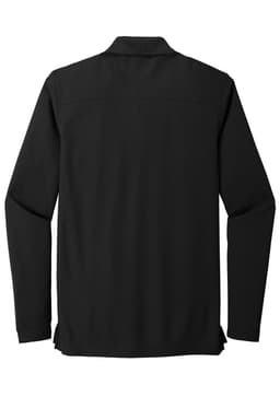 A black long sleeve shirt featuring a simple design and a logo on the back.