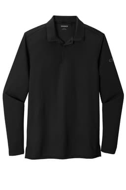 A long-sleeve black shirt featuring a collar and a branded logo on the sleeve.