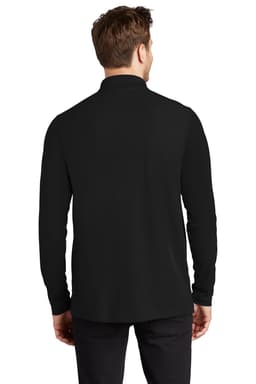 A long sleeve shirt in black, featuring a collar and a branded logo.
