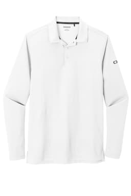 A long sleeve, white polo shirt with a logo on the sleeve. Suitable for casual or formal wear.