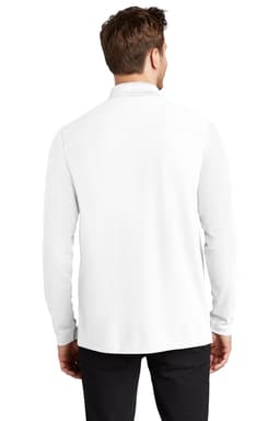 A long sleeve white shirt with a collar, featuring a branded logo on the back.