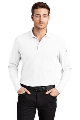 A long-sleeve, white polo shirt worn by a man with a slight smile, featuring a small logo on the sleeve.