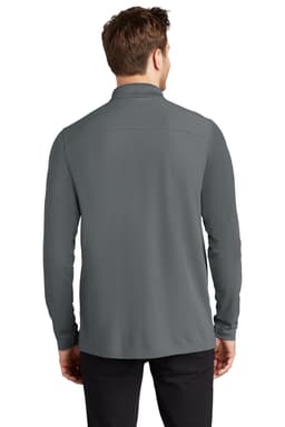 A grey long sleeve shirt with a collar, featuring a logo on the back, designed for casual wear.