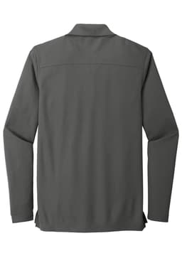 A long-sleeve shirt in grey with a plain back and a collar, featuring a logo.