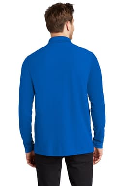 A long sleeve shirt in bright blue with a collar, featuring a subtle logo on the back.
