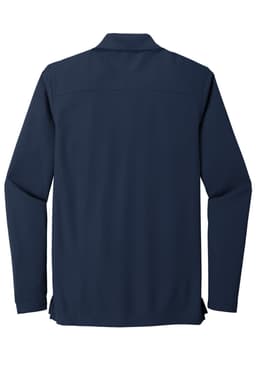 A long sleeve shirt in navy blue, featuring a simple design and a logo on the back.