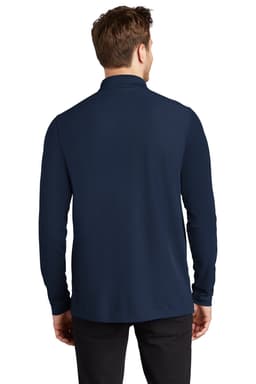 A long-sleeve navy shirt with a collar, featuring a logo on the back.