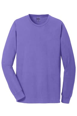 A long sleeve T-shirt in a vibrant purple colour, featuring a logo on the chest area.
