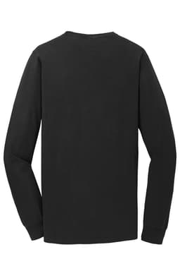 A black long sleeve tee featuring a simple design and a logo on the label.