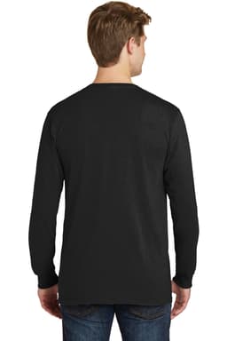A black long sleeve T-shirt displayed on a person from the back, featuring a logo on the sleeve.