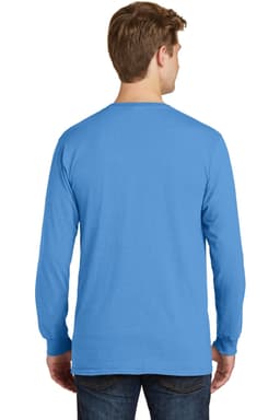 A long sleeve tee in blue, featuring a logo, with a view of the back and worn by a model.
